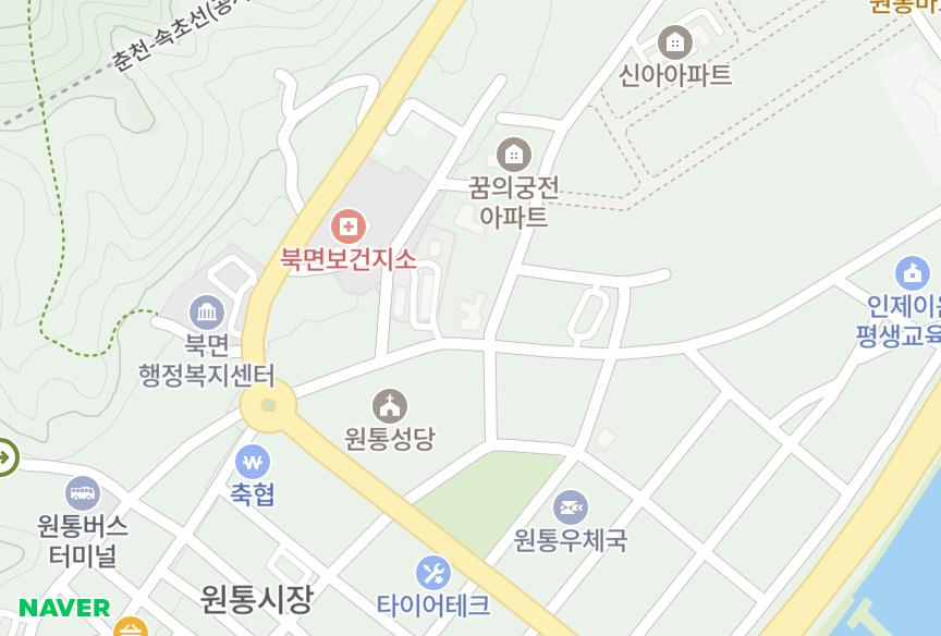 강원특별자치도 인제군 북면 원통리 남향에코캐슬 위치·실거래 시세 지도