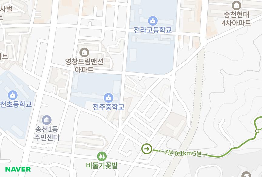 전북특별자치도 전주시 덕진구 송천동1가 동북 위치·실거래 시세 지도